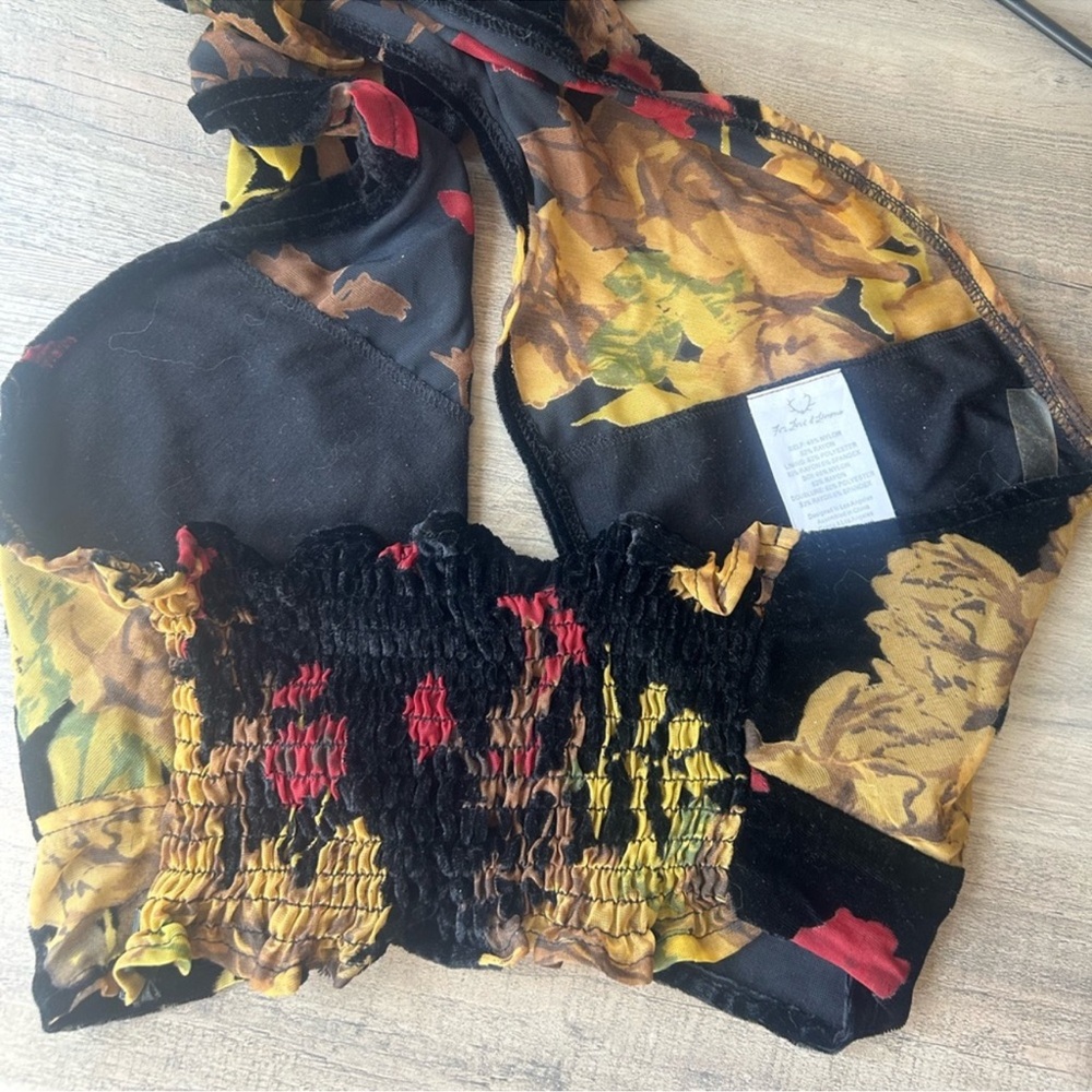For Love & Lemons Black Velvet Floral Halter Crop Top - Picture 3 of 6